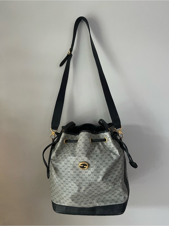 Gucci Handbags - Gucci Navy Blue Monogram Drawstring Shoulder Bucket Bag with Navy Trim